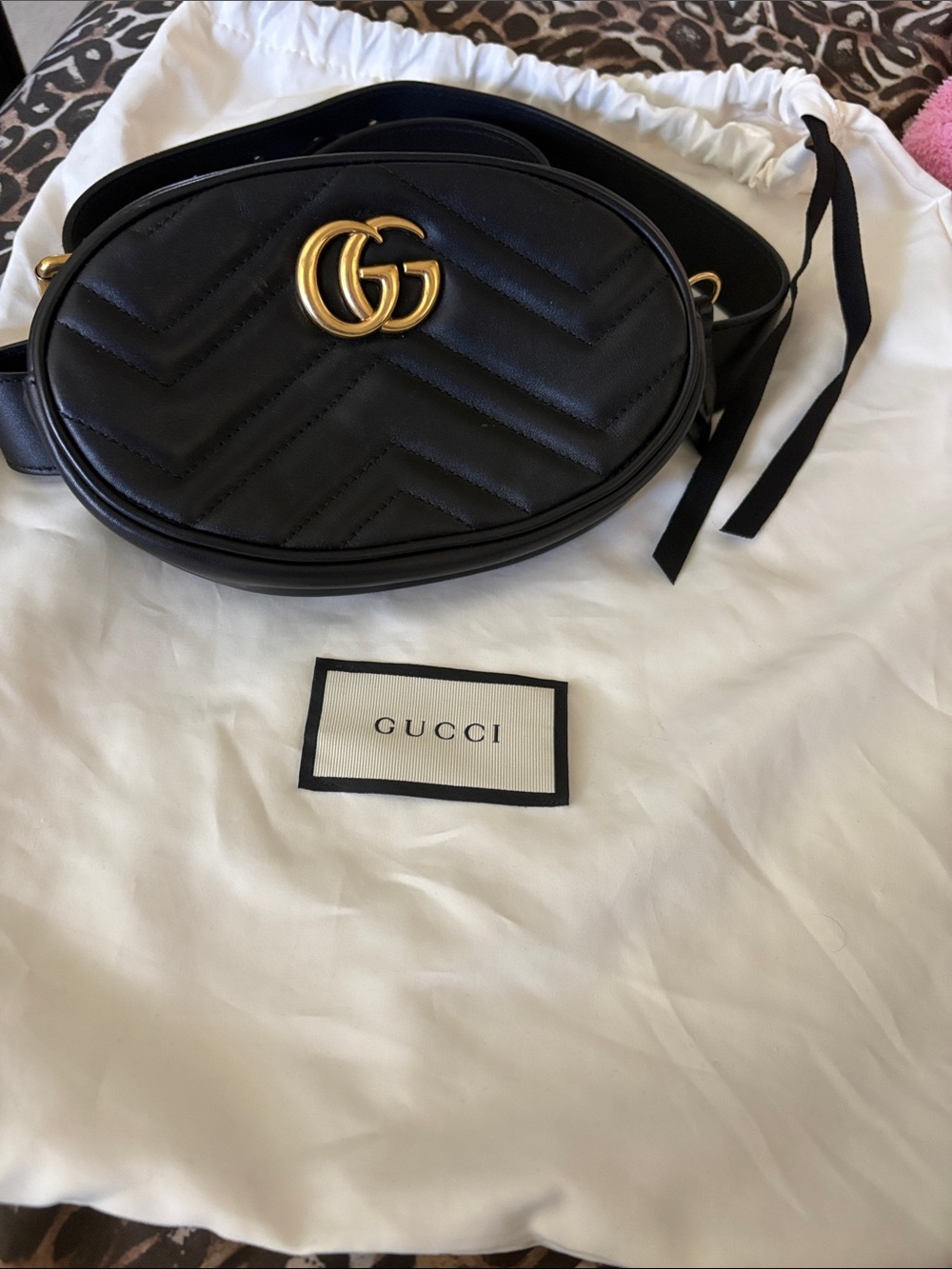 Gucci Black Quilted GG Marmont Matelasseé Belt Bag, Black and antique gold. - Picture 12 of 12